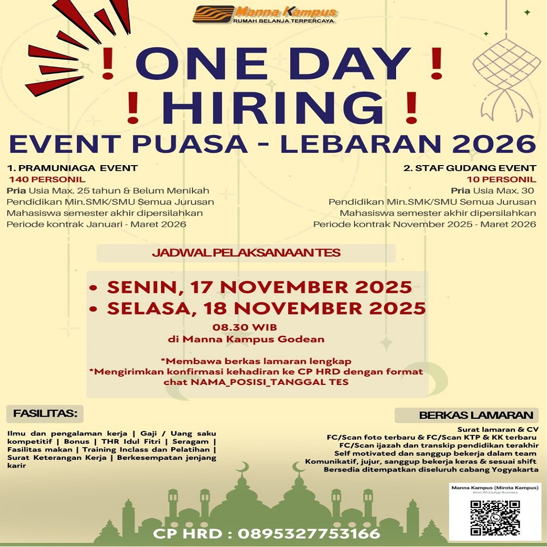 disnakerkp's tweet image. Hai rekan pencari kerja.
Hari ini kami menginfokan lowongan kerja di Manna Kampus untuk posisi :
~ Pramuniaga Event
~ Staf Gudang Event

Cek kualifikasinya di pengumuman ya

#lowongankerja
#kulonprogo