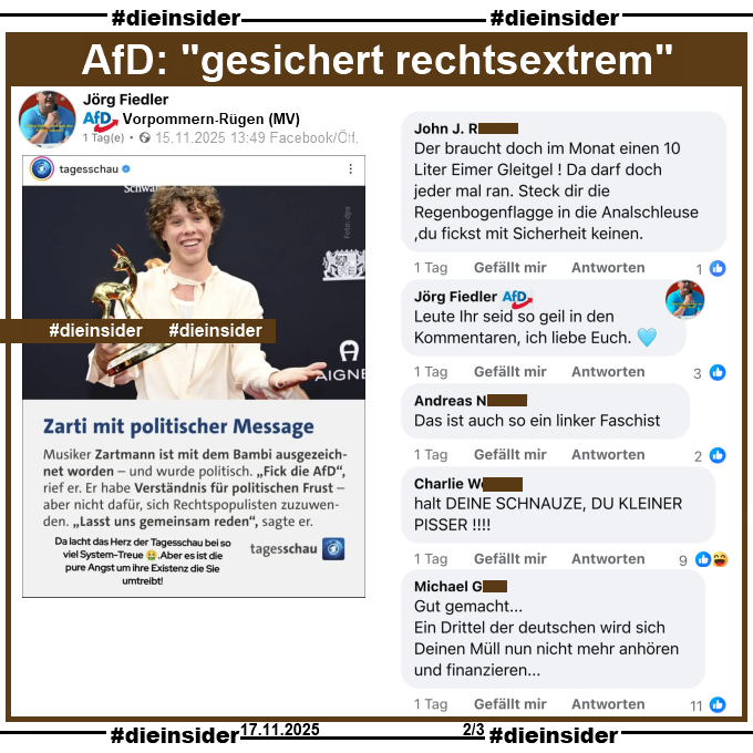 Die_Insider's tweet photo. "Fck die AfD, ist mir ganz wichtig zu sagen. Fck rechtspopulistische Scheiße!" #Zartmann #Bambi
Welche Kommentare Jörg Fiedler von der #AfD Vorpommern über #Zartmann "geil" findet, seht ihr in den Slides!
#LautGegenNazis #AfDVerbot
#Antifa #GemeinsamGegenHass #DieInsider https://t.co/8lroz6AMOf