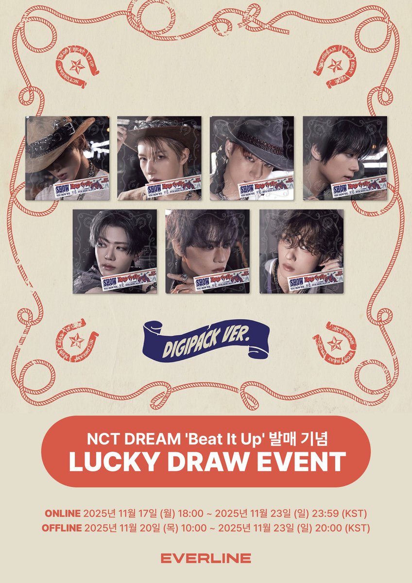 EVERLINESHOP's tweet photo. [📢] #엔시티드림 #NCTDREAM
미니 6집 [Beat It Up]
럭키드로우 이벤트 공지

* 온라인과 오프라인 판매 기간이 상이하오니 공지 이미지 확인 부탁드립니다!

📌 ONLINE : 에버라인 온라인샵 
11월 17일(월) 18:00(KST) ~ 11월 23일(일) 23:59(KST)

📌 OFFLINE : 에버라인 뮤직&카페
11월 20일(목) 10:00(KST) ~ 11월 23일(일) 20:00(KST)

✨ 앨범 1장 당 미공개 셀카 포토카드 랜덤 1종 증정
✨ 앨범 2장 당 로고 핀버튼 랜덤 1종 추가 증정

🔗 랜덤 : https://t.co/7HInsKaRIz
🔗 세트 : https://t.co/HlOzhuFkE4

#BeatItUp #NCTDREAM_BeatItUp
#EVERLINE #에버라인