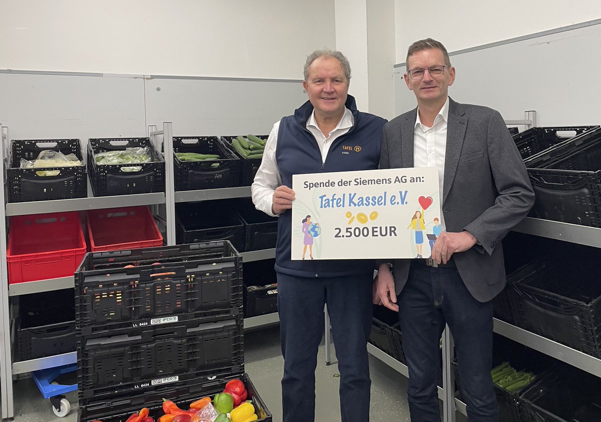 Zwei Tonnen Lebensmittel pro Tag, 140 Ehrenamtliche, über 4.500 Menschen versorgt. Die #Tafel Kassel leistet Großartiges. Mit einer Spende unserer Niederlassung #Kassel unterstützen wir ihre Arbeit. 🤝 #TeamSiemens
