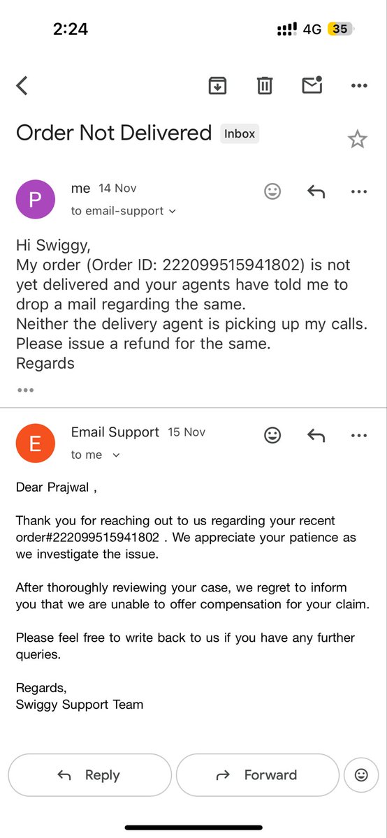 Beepunch_1798's tweet photo. Dear @Swiggy is this how you respond to a customer? Your delivery agent stole my parcel and this is how you compensate for it? @jagograhakjago please take strict actions for such scams. This is not the way to deal with these things.
Looking for an early response. https://t.co/rFJ8XkqcPK