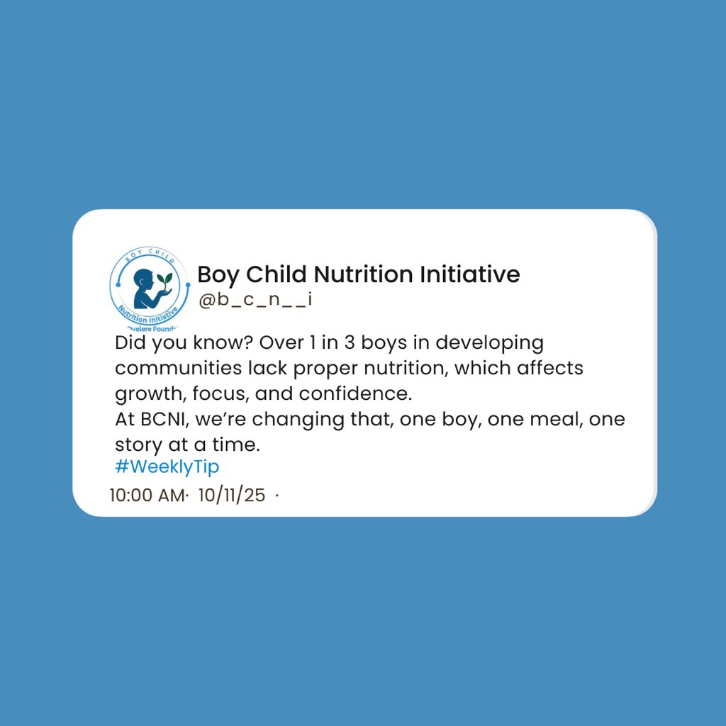 b_c_n__i's tweet image. Proper nutrition shapes a boy’s future, his growth, his confidence, his focus.

At BCNI, we’re committed to bridging that gap, one child at a time. 

#WeeklyTip