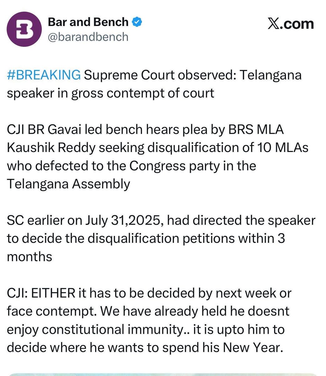 deviprasadBrs's tweet image. తెలంగాణ స్పీకర్ పై సుప్రీంకోర్టు ఆగ్రహం 

పార్టీ ఫిరాయించిన ఎమ్మెల్యేల పై వారంలో నిర్ణయం తీసుకుంటారా లేక కోర్టు ధిక్కరణ కింద విచారణ ఎదుర్కుంటారా తేల్చాలని ఆదేశం