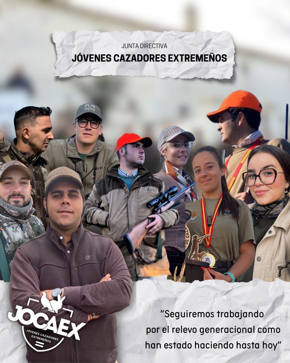 🎉 Os presentamos a la nueva directiva de JOCAEX (Jóvenes Cazadores Extremeños) 🦌🌿
Presidente: José Antonio 
🤝 Vicepresidente: Andrés  
📝 Secretario: Pedro 
💰 Tesorera: Virginia 
📣 Vocales: Carlos, María, Óscar, Pablo y Alzira.