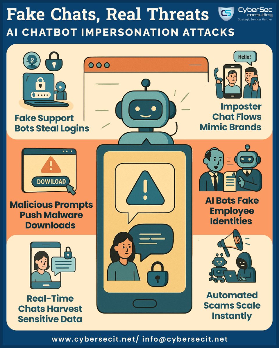 CyberSecCo49870's tweet image. AI-powered fake chatbots are becoming a major social engineering weapon.

They mimic support teams, trick users in real time, and steal sensitive data fast.

@CyberSecCo49870 offers top-notch cybersecurity services and solutions.

#AI #SocialEngineering #CyberSec