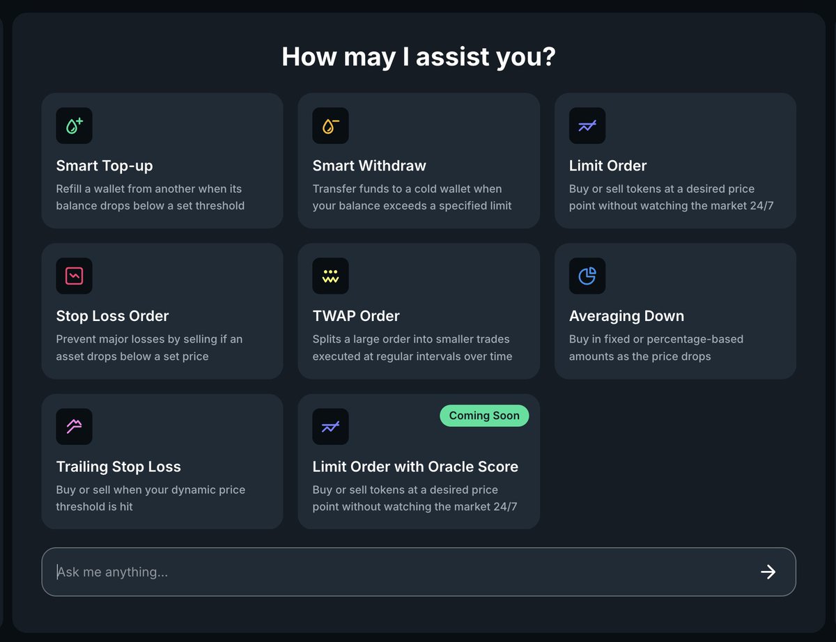 MartinDGreat001's tweet photo. Is there anything autofi can't do?..... 👇 👇 👇 

AutoFi is live.

The era of manual, 24/7 DeFi management is over. Builders are already using these new financial primitives to automate their strategies.

These aren't just features; they are the building blocks for a smarter, more resilient portfolio.

First, Automated Wallet Management:

· Smart Top-up: Never get caught with a dry wallet. Automatically refill a hot wallet from your cold storage when its balance drops below a threshold. Essential for seamless operations.
· Smart Withdraw: Auto-sweep profits. When your balance in a active wallet exceeds a set limit, it automatically transfers the excess to your secure cold wallet. Security meets efficiency.

Core Trading Automations:

· Limit Order: The classic, automated. Set your desired buy or sell price and walk away. No more watching charts all day.
· Stop-Loss Order: Your essential risk management shield. Automatically sell an asset if its price drops below a predefined level to prevent significant losses. This is non-negotiable for serious builders.

 Advanced Execution Strategies:

· TWAP Order (Time-Weighted Average Price): For large orders. Splits them into smaller chunks executed over time to minimize market impact and avoid poor pricing.
· Averaging Down: A DCA strategy for downtrends. Automatically buy more of an asset as its price decreases, lowering your average entry point.

Sophisticated Logic for Dynamic Markets:

· Trailing Stop-Loss: Lets your profits run while protecting them. Instead of a fixed price, the stop-loss follows the asset's price up by a set % or amount, locking in gains if the trend reverses.
· Limit Order with Oracle Score: (Note: "Timing Soon" in the image suggests this is upcoming). This adds a powerful new dimension—executing orders not just based on price, but also on trusted, real-time data from an oracle.

 In essence, this is the transition from active management to strategic oversight.

These tools work tirelessly to:
✅Manage your assets efficiently.
✅Execute complex strategies.
✅Protect your portfolio from volatility and downside risk.

The future of finance is not just decentralized; it's automated.

#supra #AutoFi #automated