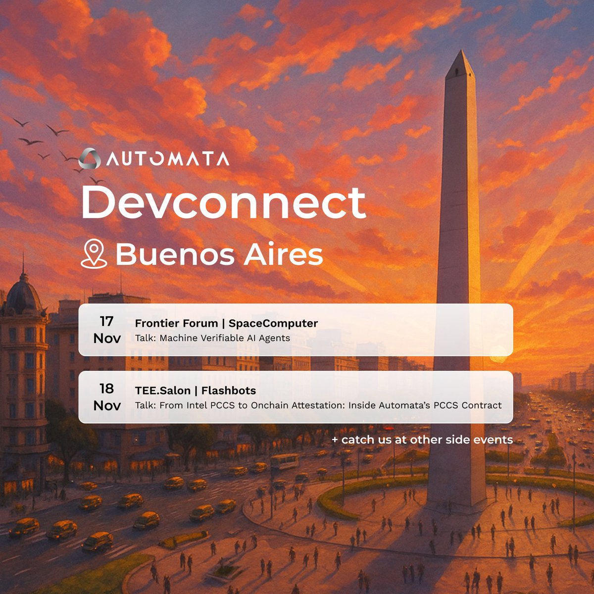 AutomataNetwork's tweet image. The team is in Buenos Aires for @EFDevcon ✧

Catch up with our Research Lead, @YaoxinJ, to chat about machine verifiable agents for ERC-8004, DCAP attestation, and more:

▶︎ 17 Nov: Frontier Forum by @SpaceComputerIO
▶︎ 18 Nov: TEE.Salon by Flashbots
