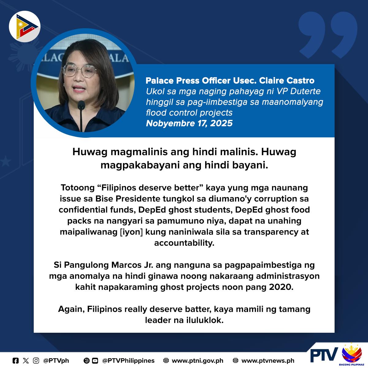 PTVph's tweet image. Pahayag ni Palace Press Officer Usec. Claire Castro ukol sa mga pahayag ni Vice President Sara Duterte kaugnay sa korupsyon sa bansa, gayundin ang pag-iimbestiga ng pamahalaan sa maanomalyang flood control projects. (courtesy: Racquel Bayan, Radyo Pilipinas)