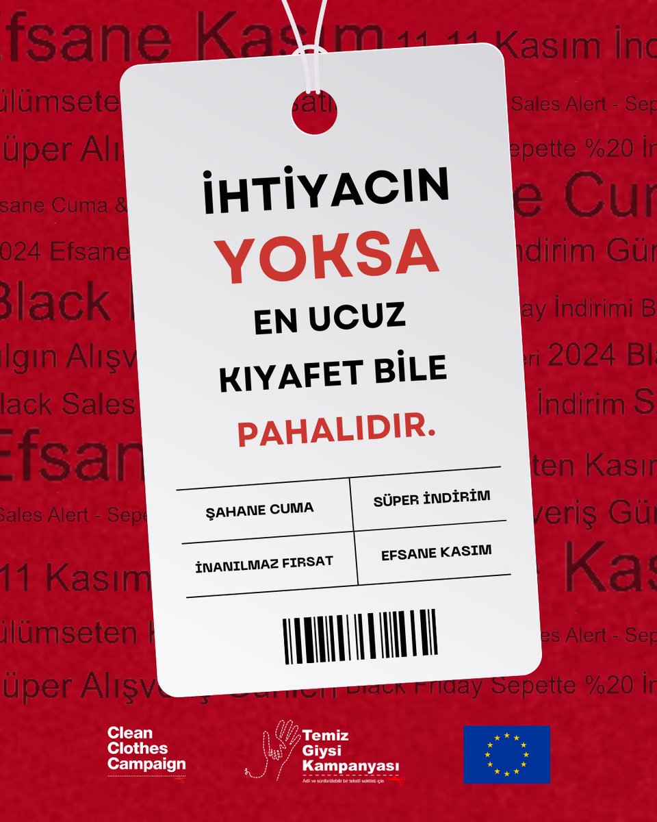 Kasım = indirim çılgınlığı ??
Ama %70 indirim gerçeği gizleyemez: işçilere ödenmeyen ücretler, zehirli atölyeler, sömürü…
İhtiyacın yoksa, en ucuz kıyafet bile pahalıdır.

#AdilGeçiş #İşçiHakları #Emek #tüketicibilinci #adilüretim #euDEARprogramme #JustFashion