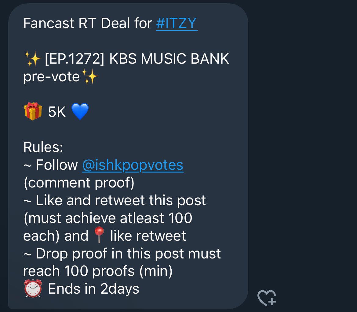 zikidzy2_0's tweet image. Fancast RT Deal for #ITZY 

✨[EP.1272] KBS MUSIC BANK pre-vote✨

🎁 5K 💙

Rules:
~ Follow @ishkpopvotes (comment proof)
~ Like and retweet this post (must achieve atleast 100 each) and📍like retweet
~ Drop proof in this post must reach 100 proofs (min)
⏰ Ends in 2days
