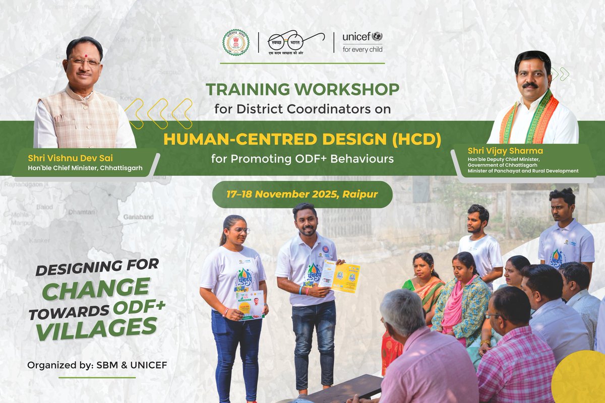 ChhattisgarhABC's tweet image. Chhattisgarh is hosting a two-day Human-Centred Design (HCD) Training Workshop for District Coordinators and SBC Consultants under SBM-G, in partnership with UNICEF. Participants from across the state are coming together to learn how to apply people-focused approaches for…
