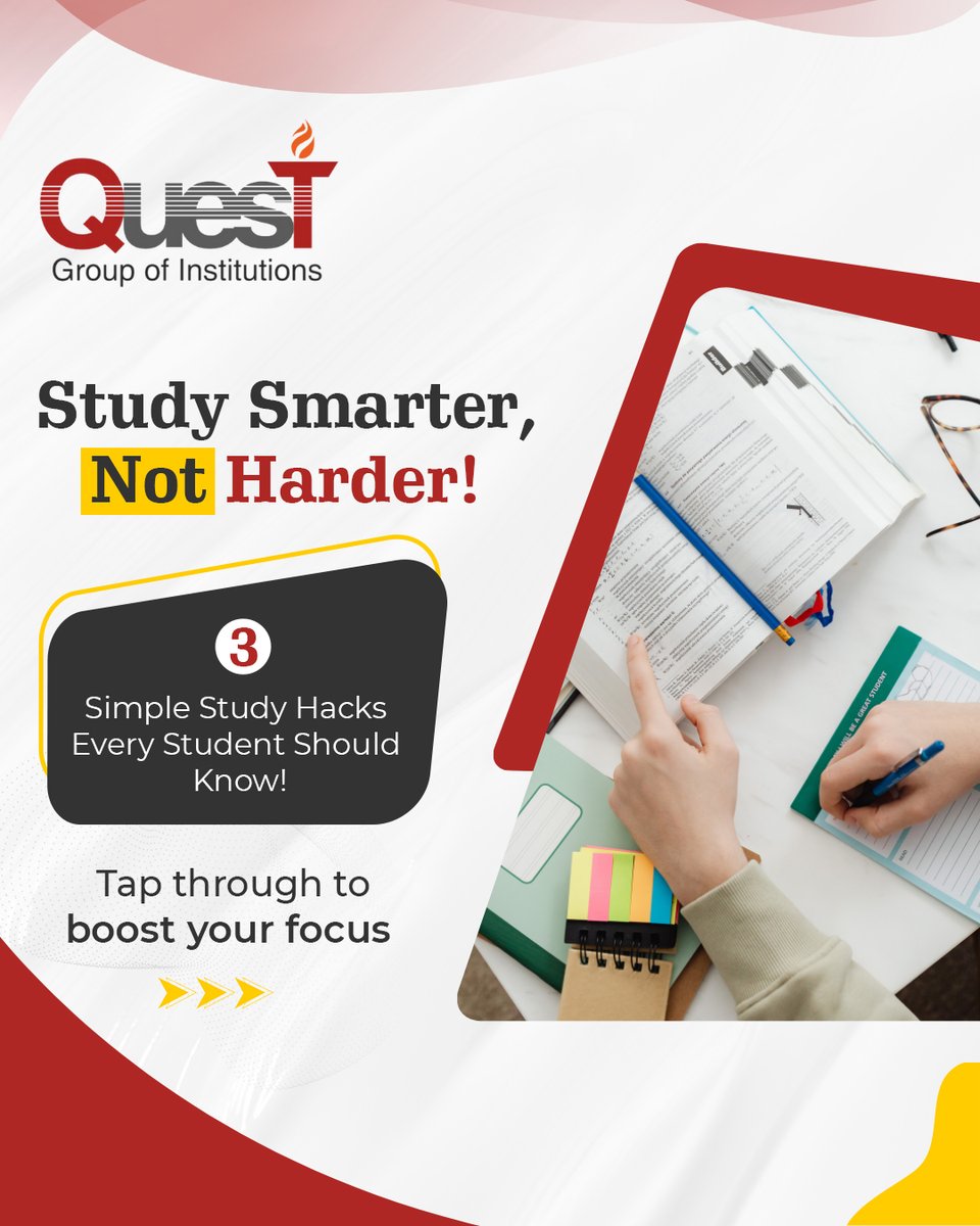 QuestMohali's tweet image. Studying smarter starts here! 📚💪
From focus tricks to memory hacks — here’s your quick guide to ace those exams with confidence.

Try these hacks and tag a friend who needs them! 👇

#QuestChandigarh #Questians #StudyHacks #ExamTime #QuestForExcellence #StudentLife #StudySmart