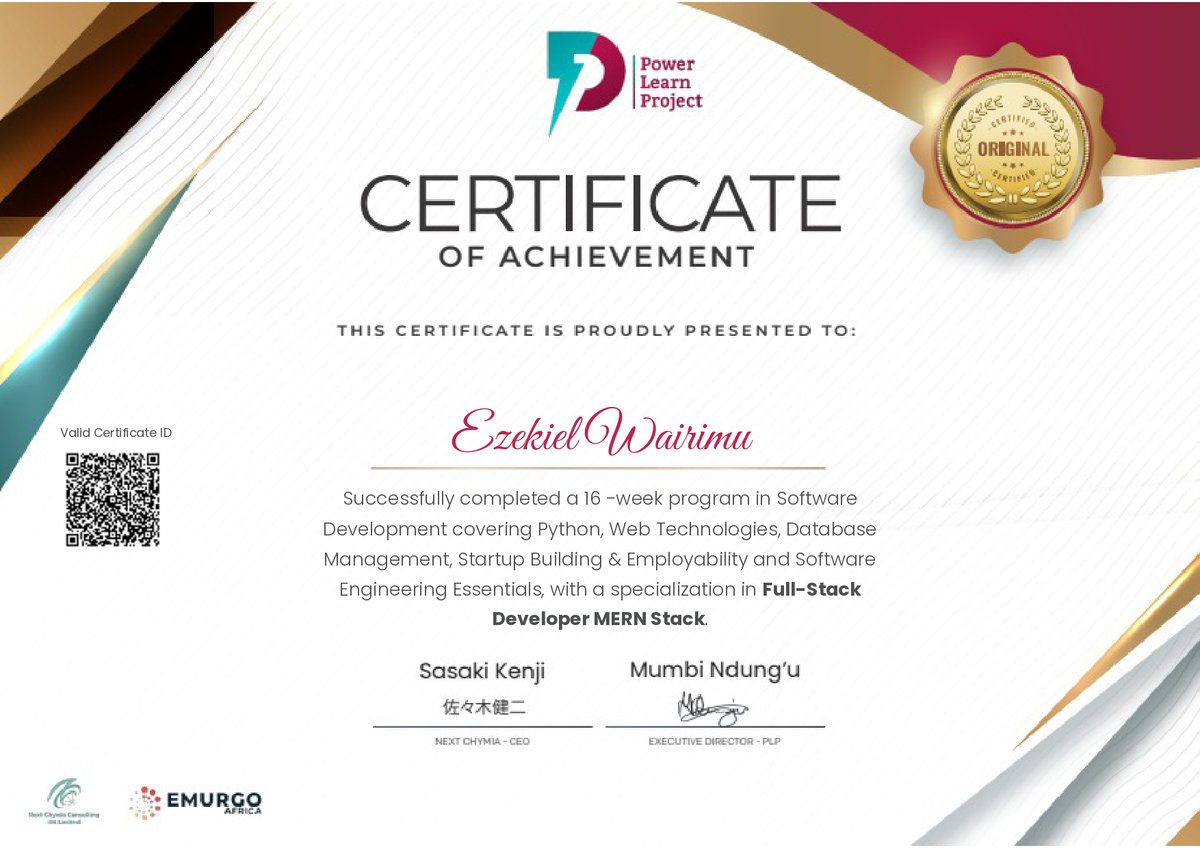 Gituraz's tweet image. Certified Full-Stack MERN Developer! 🥳
Completed the 16-week Software Developer bootcamp by Power Learn Project.
Built real projects, survived countless bugs, and now I breathe JavaScript.
Huge thank you, PLP &amp;amp; my cohort! Let’s build something big! 📷
💻