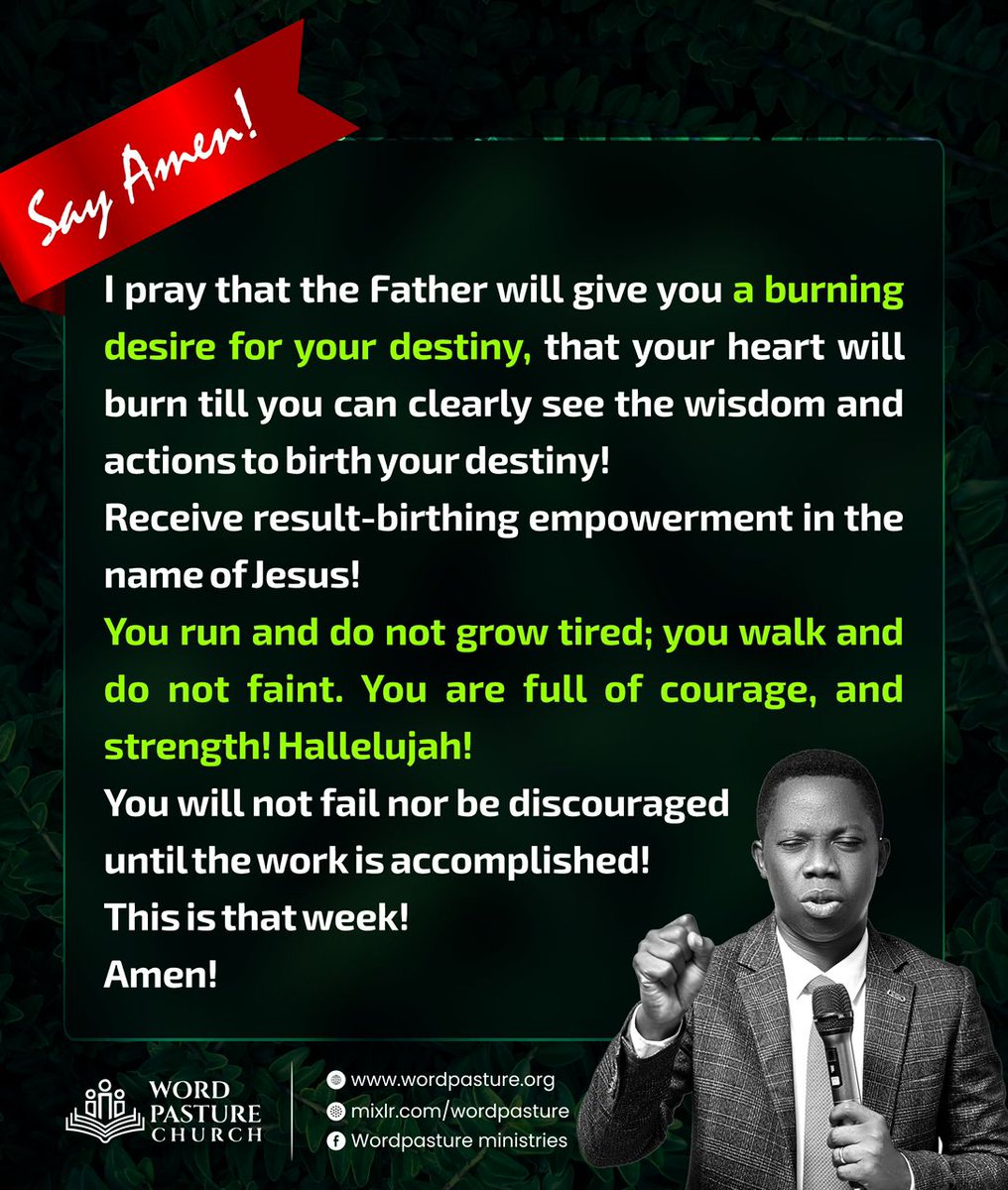 Wordpasture's tweet image. Dear Beloved,

Welcome to a new week! 🥳

These prophetic words of blessing have been declared over you by our Pastor, Dr. ‘Riel. Receive, believe, and “SAY AMEN”!

#amen #prayers