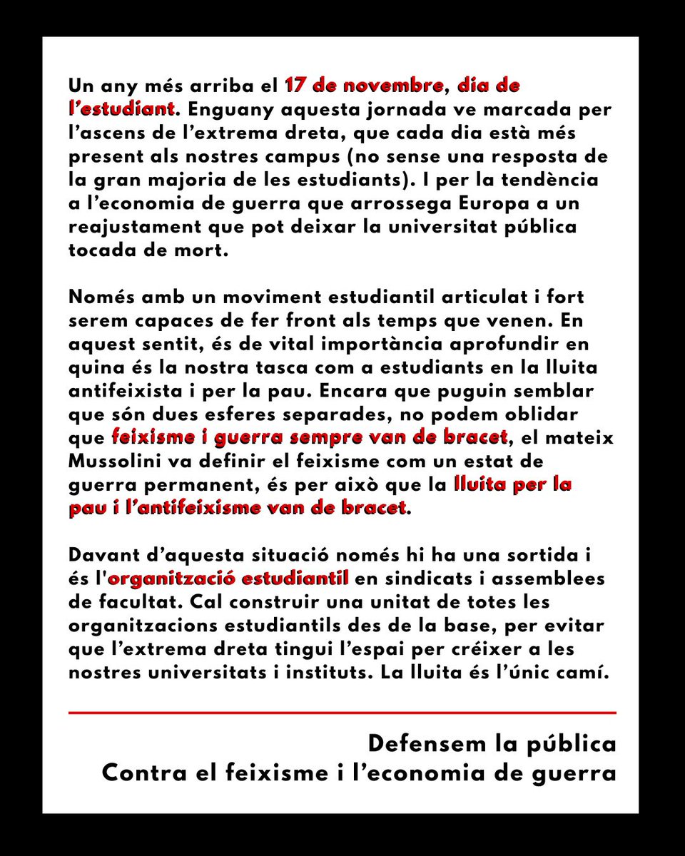 17N: DEFENSEM LA PÚBLICA — Contra el feixisme i l’economia de guerra 🚩📚

Llegeix el nostre comunicat pel Dia de l’Estudiant d’enguany 🔥