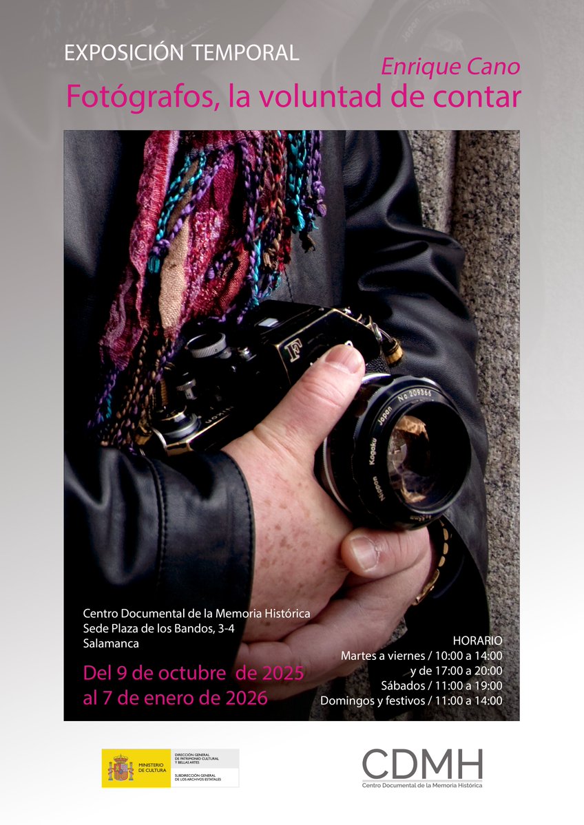 📣Visitas guiadas a la #expo del Centro Documental de la Memoria Histórica (#CDMH) de <a href="/culturagob/">Ministerio de Cultura</a> "Fotógrafos, la voluntad de contar. Enrique Cano"🎞️

📍Plaza de los Bandos (#Salamanca)
🗓️19 y 27 de noviembre, 12 h
🎟Entrada libre hasta completar aforo
ℹ️cutt.ly/hr66yw8V