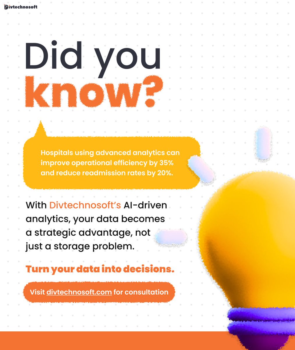 divtechnosoft's tweet image. Did you know advanced analytics can help hospitals work smarter and reduce readmissions? When used intelligently, data becomes insight. With AI-driven analytics, even complex #healthcare challenges become clearer.

#healthTech #AIinHealthcare #digitalhealth #divtechnosoft