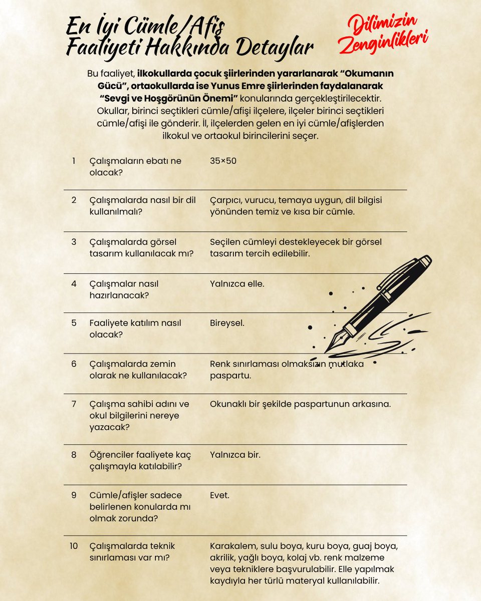 Dilimizin Zenginlikleri Projesi kapsamındaki En İyi Cümle/Afiş faaliyetiyle ilgili detaylara görselden ulaşabilirsiniz.