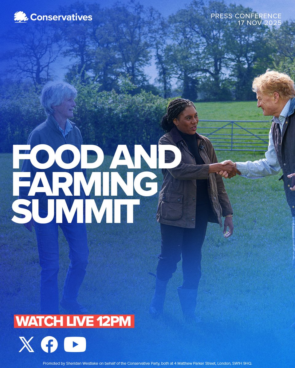 Labour have waged a war on rural Britain, and hammered farmers with the Family Farm Tax.

So today, <a href="/KemiBadenoch/">Kemi Badenoch</a> will announce a landmark plan to rescue Britain’s farmers.

Live on X from 12pm.

Don’t miss it.