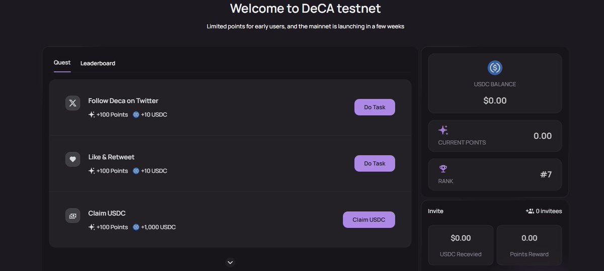 Danishyt2255's tweet image. 🪂 DeCA Potential Airdrop Guide!

DeCA is the first on-chain dApp that lets users DCA together in perpetual futures trading — fully decentralized, fully transparent.

🔥 Early Testnet Program is LIVE — limited spots!

How to Position Yourself?

🔹 Create your account with X:…