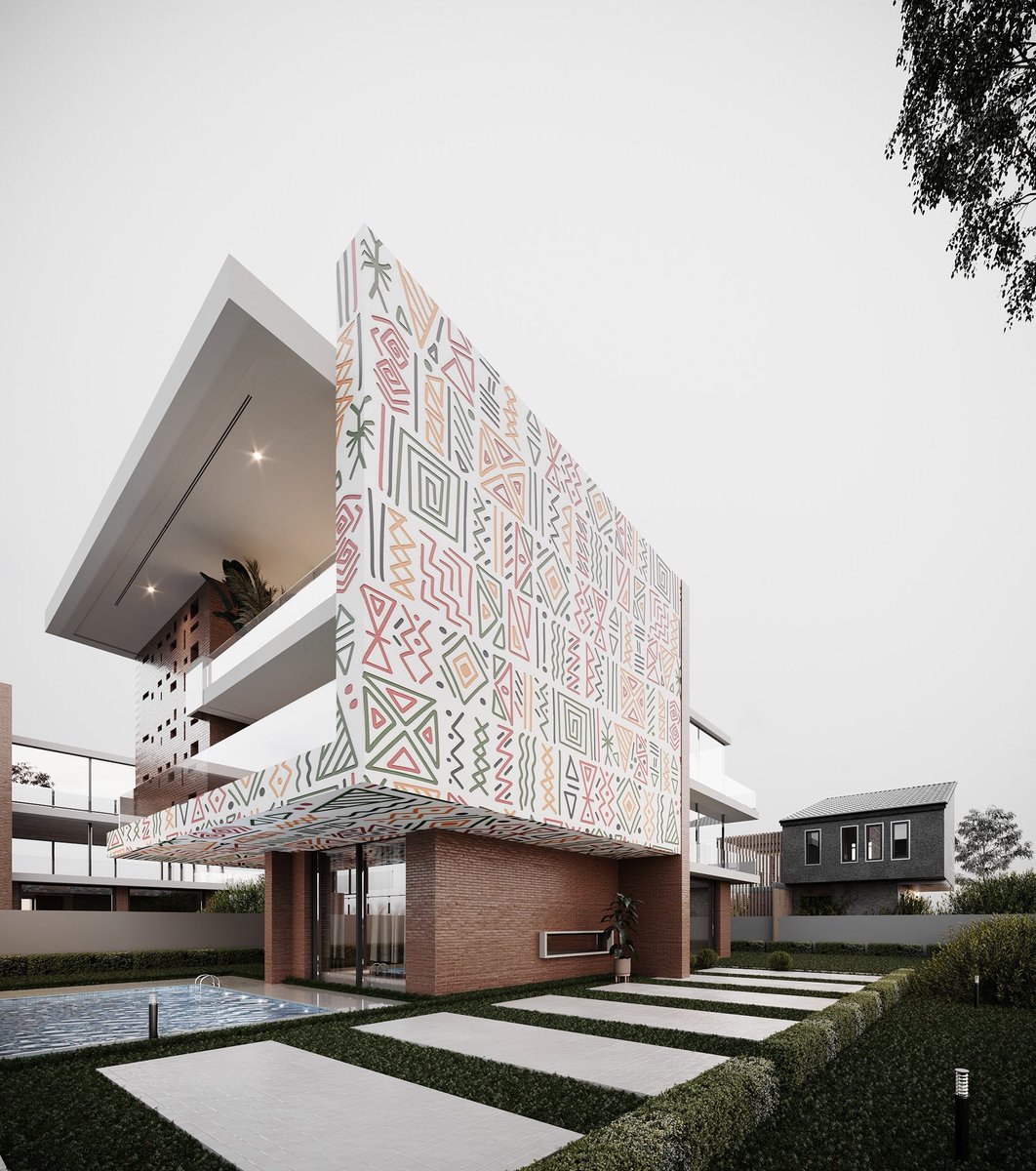 akins_olumide's tweet image. African modernism.
Tribal geometry slammed onto modern design.
Heritage isn’t a detail. It’s the whole facade.
Render: Revit + 3dsmax
Pattern: custom Sahelian/Ndebele-inspired repeat
#AfricanArchitecture #Brutalism #Afrofuturism #ModernAfricanDesign #TribalPattern