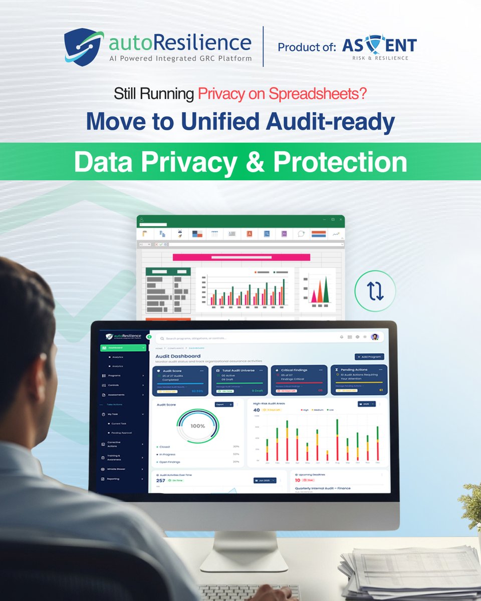 AscentTCSocial's tweet image. Most organizations still rely on scattered spreadsheets, emails, &amp;amp; manual trackers for data privacy. 

A unified #Data Privacy &amp;amp; Protection platform helps you:
✅ Centralize data mapping 
✅ Generate audit-ready reports

The result?
Less chaos
More control