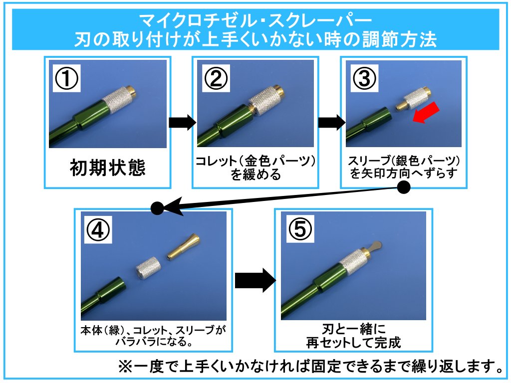 wave_corp's tweet image. 【工具ご使用方法のご紹介！！】

今回はマイクロチゼル・スクレーパーシリーズのお話。
時々ご相談を受ける専用グリップへの刃の固定方法についてご紹介します！！

専用グリップに刃を取り付ける際、時々刃がうまく固定されない時があります。…