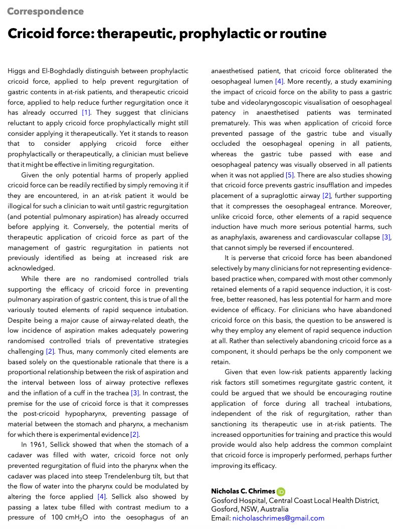 Anaes_Journal's tweet photo. "It is perverse that cricoid force has been abandoned selectively by many clinicians for not representing evidence-based practice when, compared with [other RSI elements], it is cost-free, better reasoned, has less potential for harm & more evidence of efficacy."

#anaesthesia

https://t.co/qIMeg5XHpT