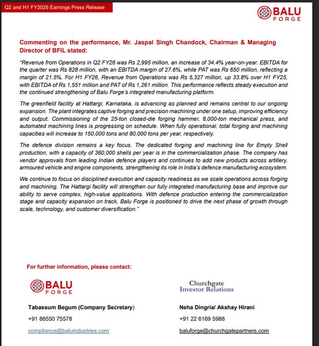 ShubhamQuant's tweet image. Balu Forge Q2FY26 Highlights - Superb Numbers 🔥
• Revenue: +34.4% YoY
• EBITDA: +27.0% YoY
• EBITDA Margin: 27.6% vs 29.3% YoY
• PAT: +35.5% YoY
• EPS: +33.6% YoY

Management Highlights:
🔹 Strong Q2 + H1 growth driven by consistent execution and scale-up of the integrated…
