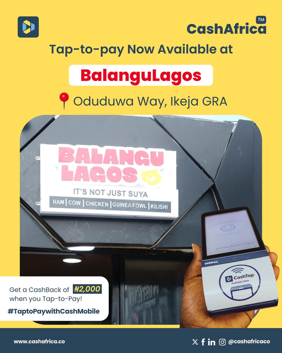 You can now Tap to Pay at BalanguLagos!!! We are spotlighting merchants that accept Tap to Pay. @balangu_lagos 

Comment below your favourite merchant you want to Tap to Pay at! 
#cashafrica #cashtap #taptopay #taptopaywithcashmobile