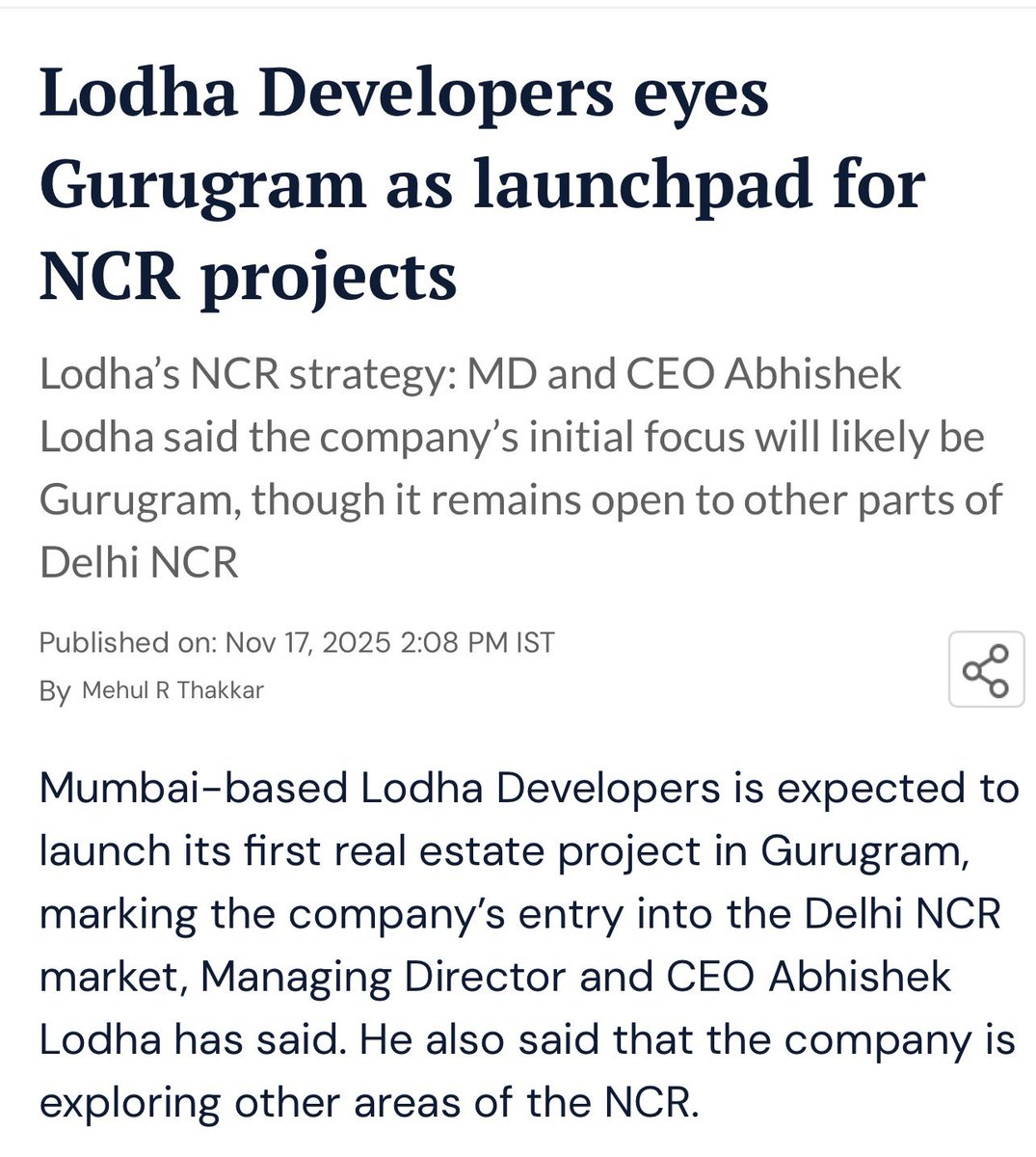 GauravGupta_RE's tweet image. Everyone in RE including developers want to know where Lodha has bought land in Gurgaon, will disclose in due time

Lodha has closed 2 Lands:

• One Commercial Office Land (Top Location)

• One Residential (Not so hot Location atm, but could Lodha change it?)