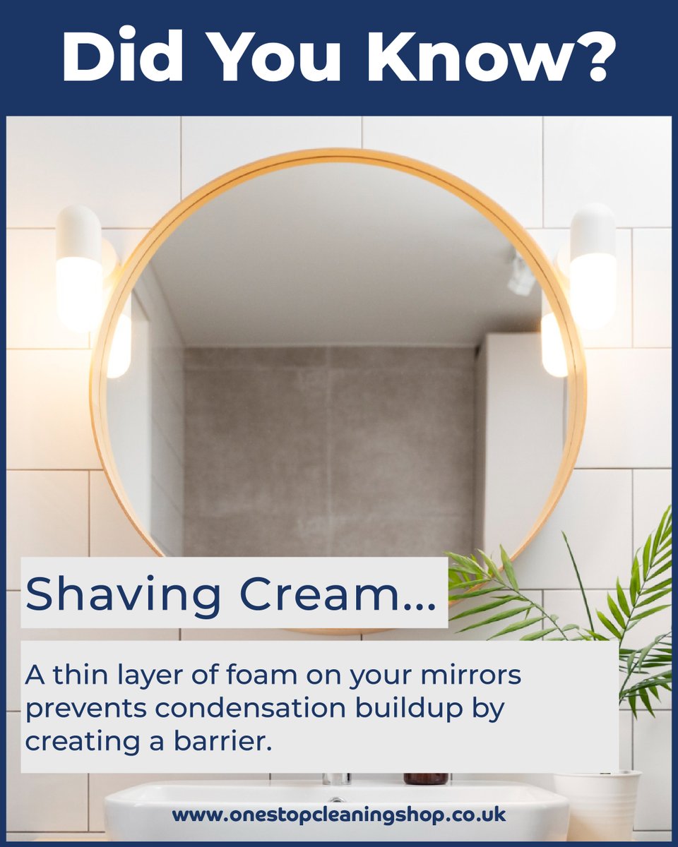 OSCSuk's tweet image. 📢DidYouKnow?

Shaving Foam... ✨

A thin layer of foam on your mirrors prevents condensation buildup by creating a barrier. 👍

#didyouknow #cleaning #business #ecofriendly #environmental #shavingcream #foam #mirrors #condensation #barrier