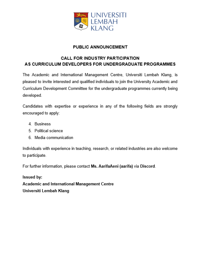 Akademik_ULK's tweet photo. Universiti Lembah Klang is inviting industry professionals to join our committee for new undergraduate programmes. https://t.co/v6wbmbvsI8