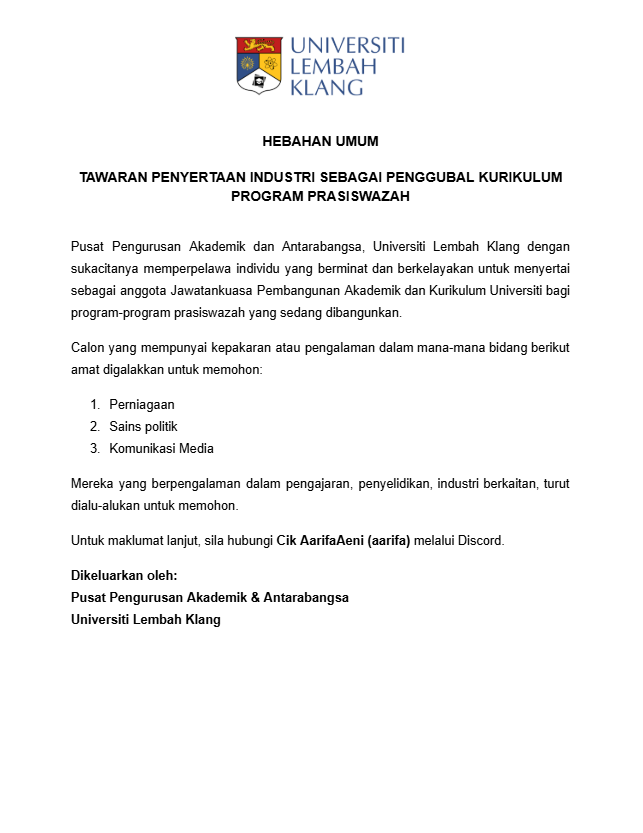 Akademik_ULK's tweet photo. Universiti Lembah Klang is inviting industry professionals to join our committee for new undergraduate programmes. https://t.co/v6wbmbvsI8