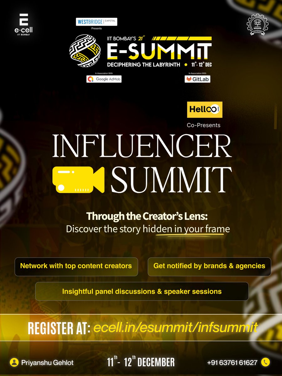 ecell_iitb's tweet image. Presenting the Influencer Summit at the 21st E-Summit, co-presented by HellooMedia

Register now at ecell.in/esummit/infsum… (link in bio).

#ecell #iitb #iitbombay #influencer #creator #india #esummit #growth #marketing #networking #innovation