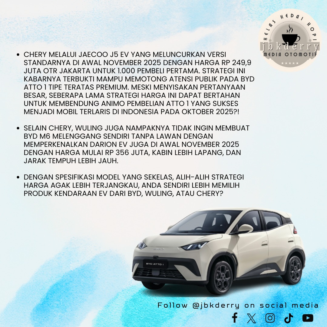 Chery dan Wuling Tidak Biarkan BYD Melenggang Sendiri

Chery mengirim Jaecoo J5EV untuk hadang BYD Atto 1..
Wuling mengirim Darion EV untuk hadang BYD M6..

Anda sendiri pilih yang mana?

#BYDAtto1 #BYDM6 #JaecooJ5EV #WulingDarionEV