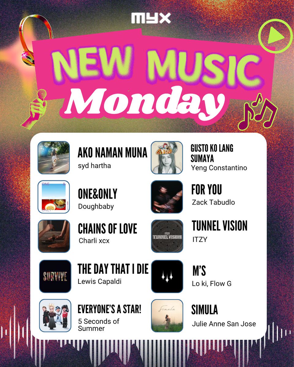 myxglobal's tweet image. Your playlist update starts NOW! 🚀 Tap in to the freshest drops of #NewMusicMonday 🎶✨

Ako Naman Muna by @sydhartha 
One&amp;amp;Only by @DoughbabyMusic 
Chains of Love by @charli_xcx 
The Day That I Die by @LewisCapaldi 
Everyone's A Star by @5SOS
Gusto Ko Lang Sumaya by