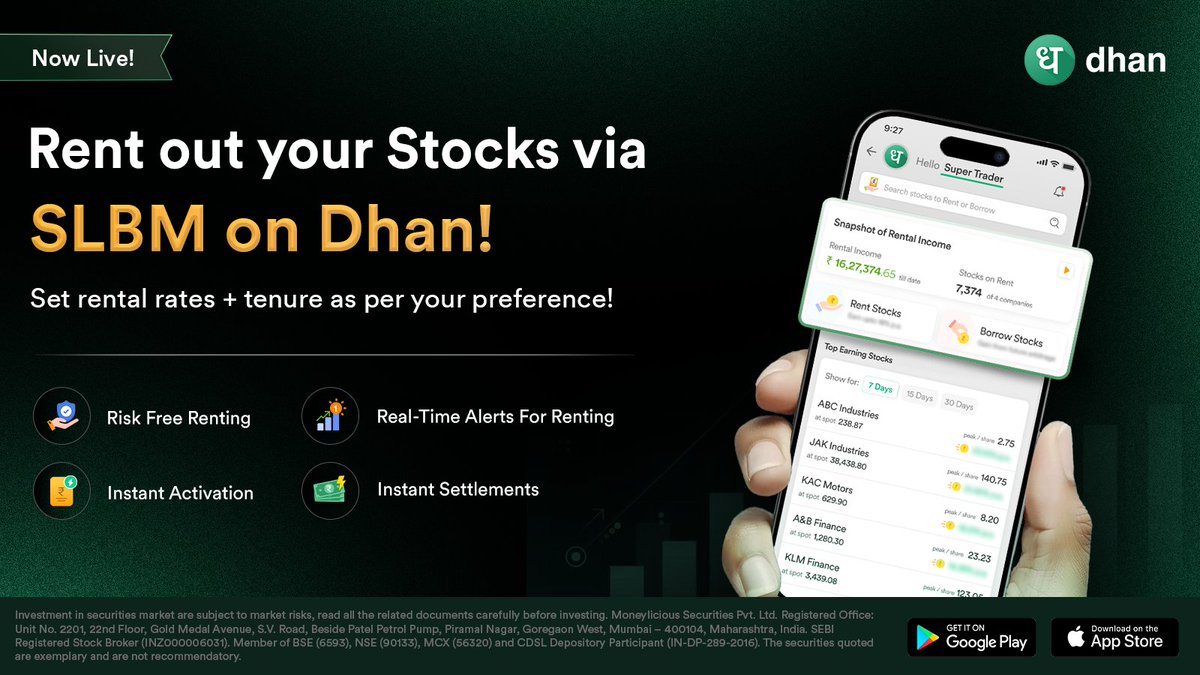 ipo_mantra's tweet image. Dhan has launched renting of stocks online, which means you can actually rent out your shares and earn passive income while still owning them.

It’s done through SLBM (Stock Lending &amp;amp; Borrowing Mechanism). Here’s how you can do it 🧵👇