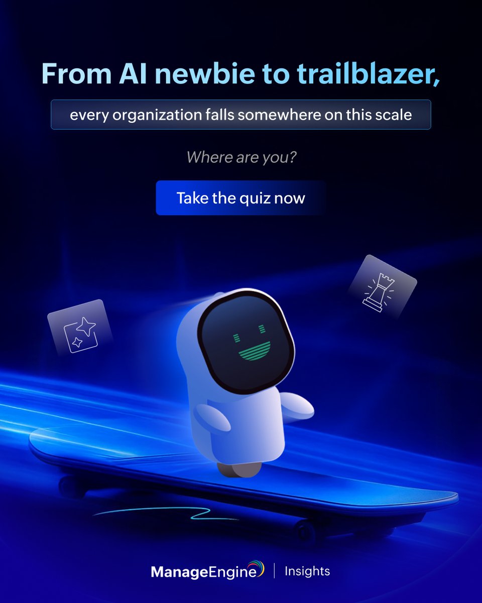 manageengine's tweet image. There are five stages of AI readiness. Which one are you in? Find out in minutes with our AI readiness quiz. Get a score, a readiness category, and a customized report. Start the quiz  zurl.co/4R6cl