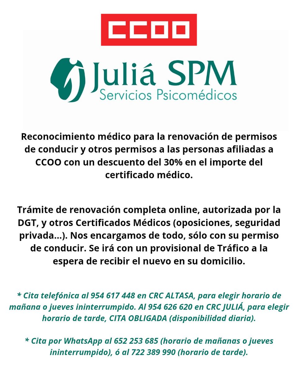 CCOOKNFALSPS's tweet image. 🩺 Descuento exclusivo para afiliados de CCOO: Juliá SPM ofrece un 30% de descuento en certificados médicos para renovar permisos de conducir y otros trámites. Gestión online completa autorizada por la DGT, con cita previa por teléfono o WhatsApp.
