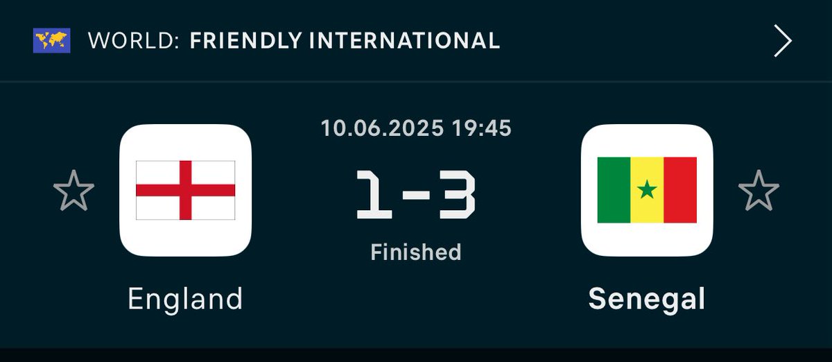 Let’s not create a narrative here and build some glamorous picture of the Tuchel era at England.

Rankings | Country

34 | 🏴󠁧󠁢󠁷󠁬󠁳󠁿 
36 | 🇷🇸 
61 | 🇦🇱 
139 | 🇱🇻 
172 | 🇦🇩 

Only team they’ve faced in the top 20, Senegal 🇸🇳 

They won’t win the WC. Same old story.