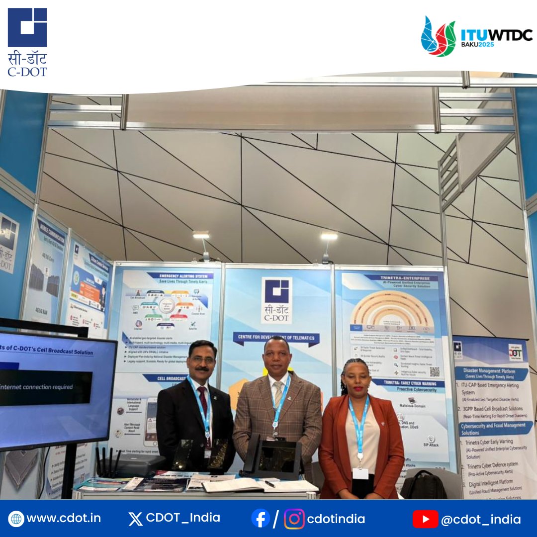 World Telecommunication Development Conference (#WTDC25) by <a href="/ITU/">Int’l Telecommunication Union</a> has officially begun in #Baku , and we are excited to #welcome delegates to our stall as we showcase a wide suite of our #indigenous solutions. 
From our <a href="/ITU/">Int’l Telecommunication Union</a> -CAP based Early Warning Platform &amp; @3GPPlive based