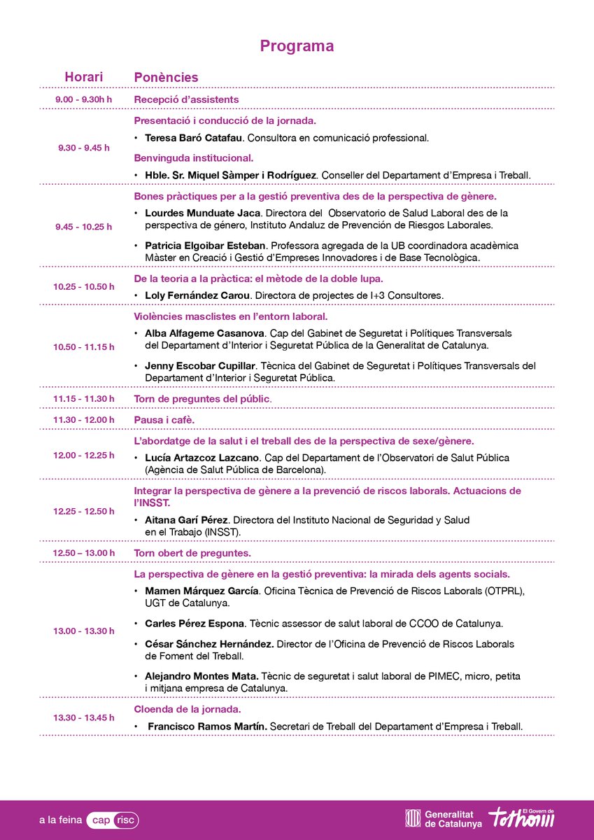 🟣 Avui <a href="/ccoocatalunya/">CCOO de Catalunya</a> participem a la jornada de perspectiva de gènere i prevenció de riscos laborals organitzada per l'ICSSL.

<a href="/alafeinacaprisc/">A la feina cap risc</a>