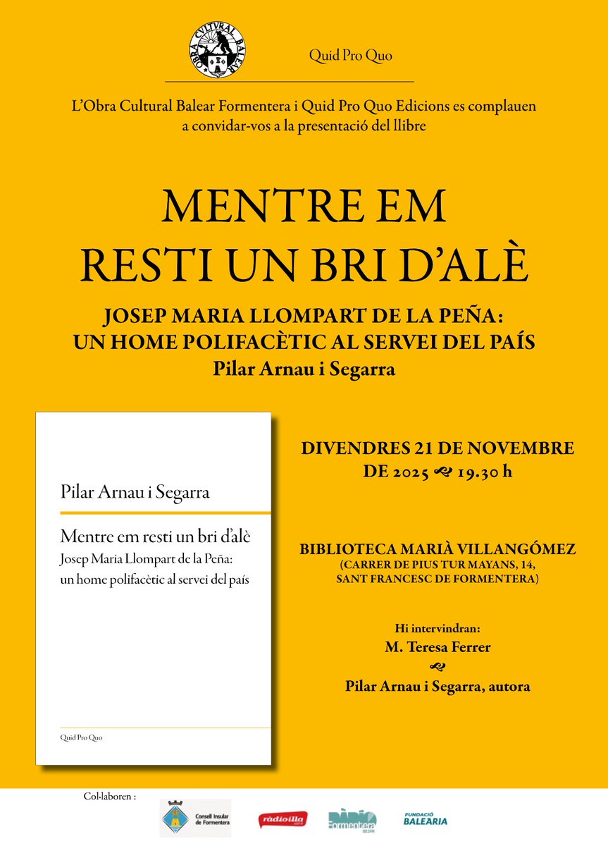 OCBFormentera's tweet photo. Divendres 21 de novembre tenim la presentació del llibre "Mentre em resti un bri d'alè", de Pilar Arnau, a les 19.30h, a la Biblioteca Marià Villangómez. Us hi esperam! https://t.co/FzhoEtJgT9