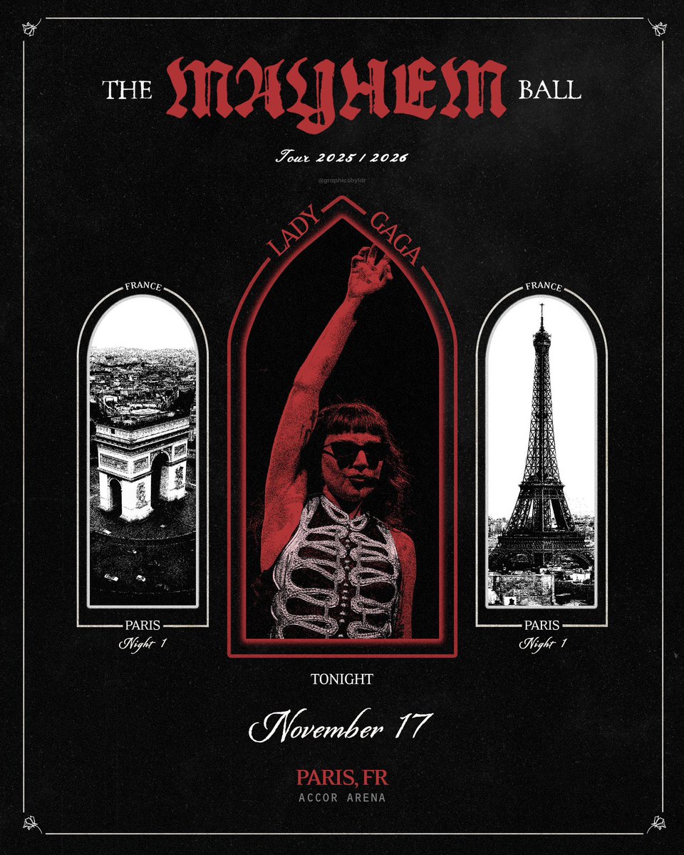 MayhemBallTour's tweet image. Paris N1 🇫🇷 

Blanquette de veau ! Lady Gaga is finally back in Paris, the city where the MAYHEM era was born. She is taking over the Accor Arena for four sold out shows starting tonight, Nov. 17, then on Nov. 18, 20 and 22! 🥖✨

These four shows close out the 2025 European leg…