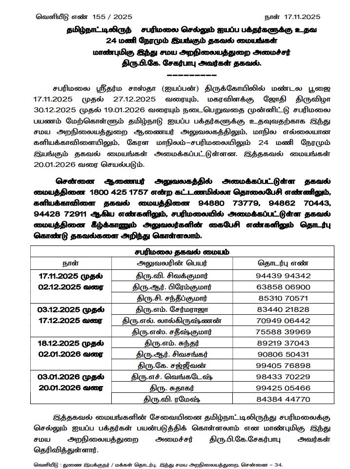 News18TamilNadu's tweet image. தமிழ்நாட்டில் இருந்து சபரிமலை செல்லும் ஐயப்ப பக்தர்களுக்கு உதவ 24 மணி நேரமும் இயங்கும் தகவல் மையங்கள் 

#Sabarimala #helpDesk  #News18Tamilnadu | News18Tamil.com