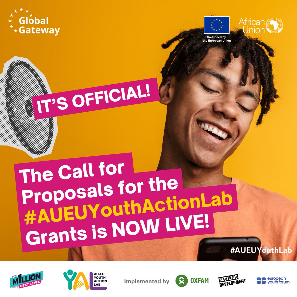 IT IS OFFICIAL! 
The Call for Proposals for the #AUEUYouthActionLab Grants (second cohort) is now LIVE! Got a bold idea to drive change across Africa &amp; Europe🌍? Get funding and the chance to make your impact.

👉🏾 Learn more and Apply:  aueuyouth.com/grants/ 
▶️Watch Your