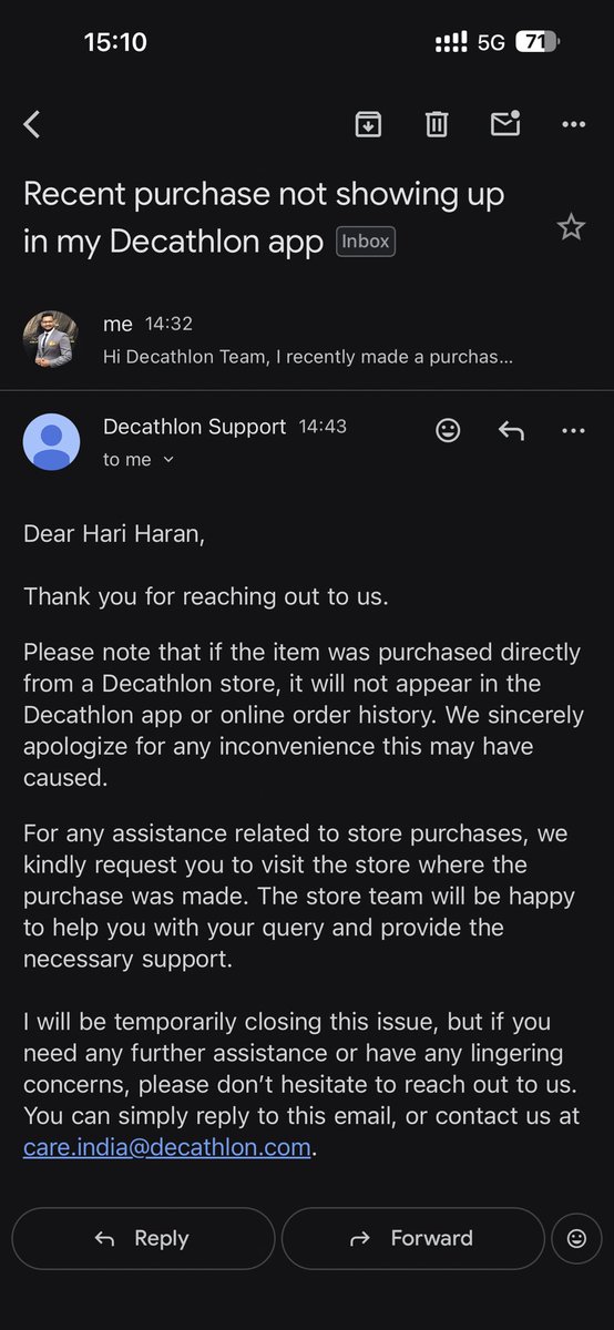 Memmisoglu's tweet photo. @Decathlon_India My previous store purchases always showed up in the app, but my recent ones aren’t reflecting. The store asked me to contact customer care, and customer care is asking me to contact the store. Could you please help sort this out? https://t.co/aUWUjPmUQF