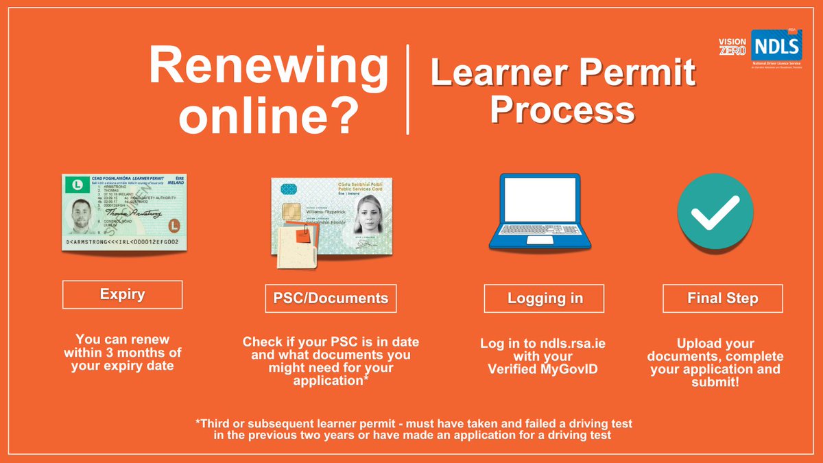 RSAIreland's tweet image. Renew your Learner Permit online
Expiry date - You can renew within 3 months of expiry
PSC - Make sure it’s in date - renew it first via mywelfare.ie
Documents - See whats needed ndls.ie / ndls.rsa.ie
Upload docs &amp;amp; complete the application