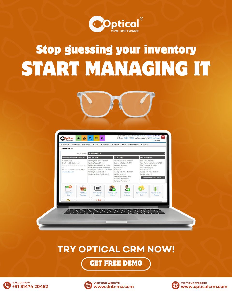 CrmOptical's tweet image. Smart stores don’t guess… they use Optical CRM.

🎉 Get A FREE Demo Today!

📲 Call/WhatsApp: +91 8147420462
🌐 Visit: opticalcrm.com

#dnbmmultiappsllp #opticalcrm #opticalshopsoftware #inventorymanagementsoftware #billingsoftwre #whatsapp #prescriptionmanagement #ad